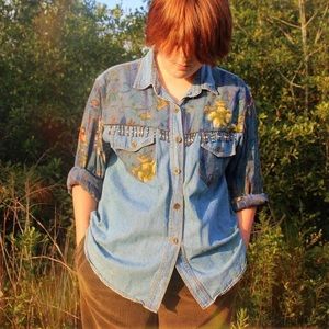 Authentic Vintage 70’s Saint Germain Paris Denim Floral Button Up Blouse